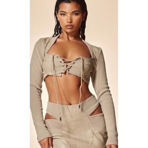 Pretty Little Thing Womens Stone‎ Faux Leather Cropped Jacket Size 6